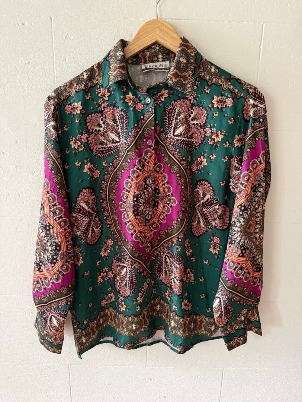 Colorful Green Silky Paisley Blouse Made in Turkey Boho | Medium